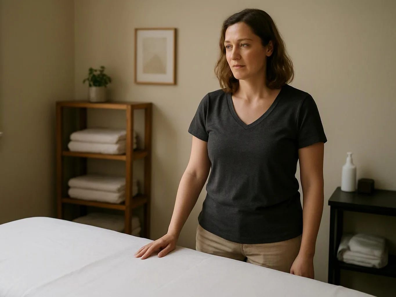 A woman stands beside a massage table in a calm treatment room with folded towels and shelves behind her