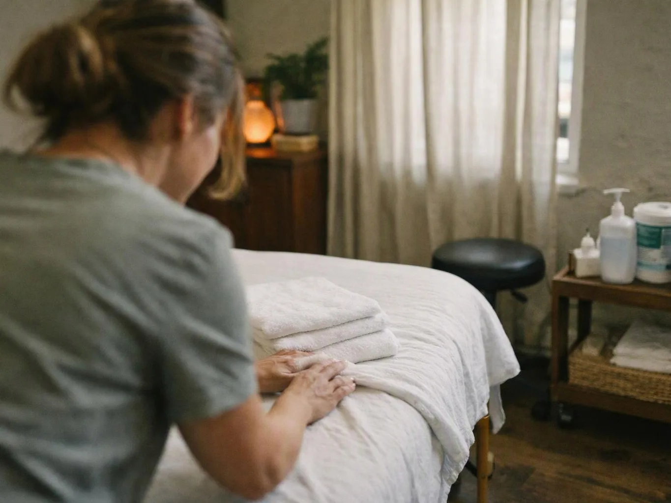 A woman stands beside a massage table, folding white towels in a softly lit treatment room