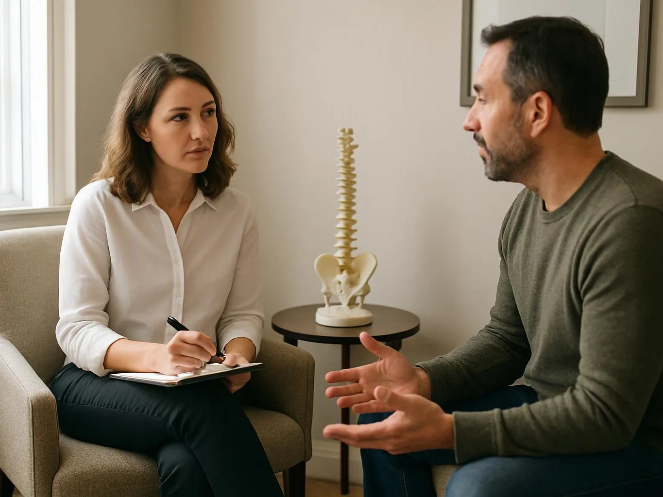 A woman takes notes while listening to a man speak in a small 상담 room with a spine model on a table