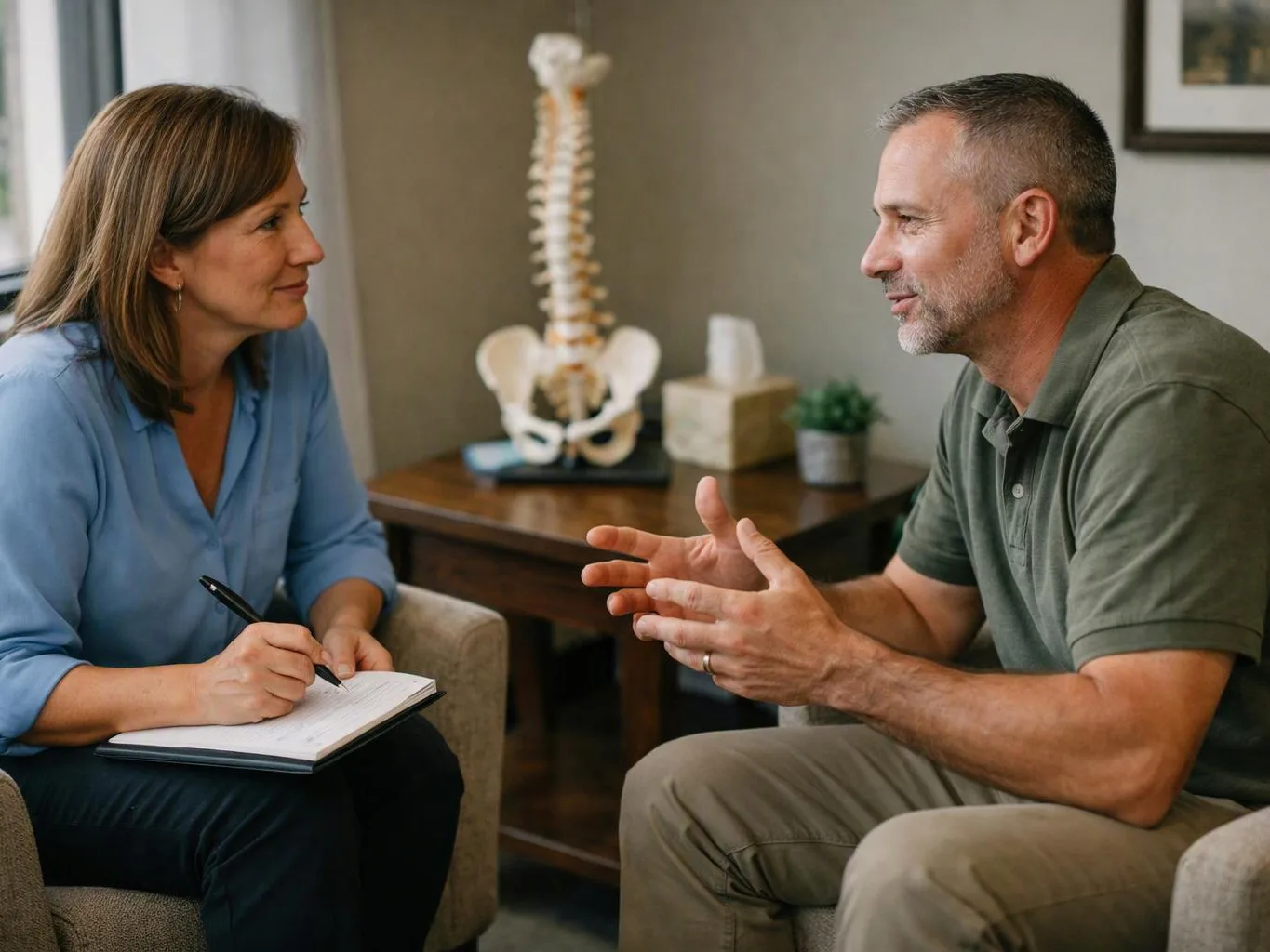 A woman takes notes while listening to a man speaking in a 상담 room with a spine model behind them