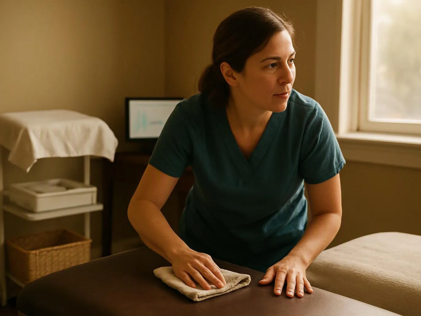 A woman in teal scrubs wipes a massage table in a softly lit treatment room