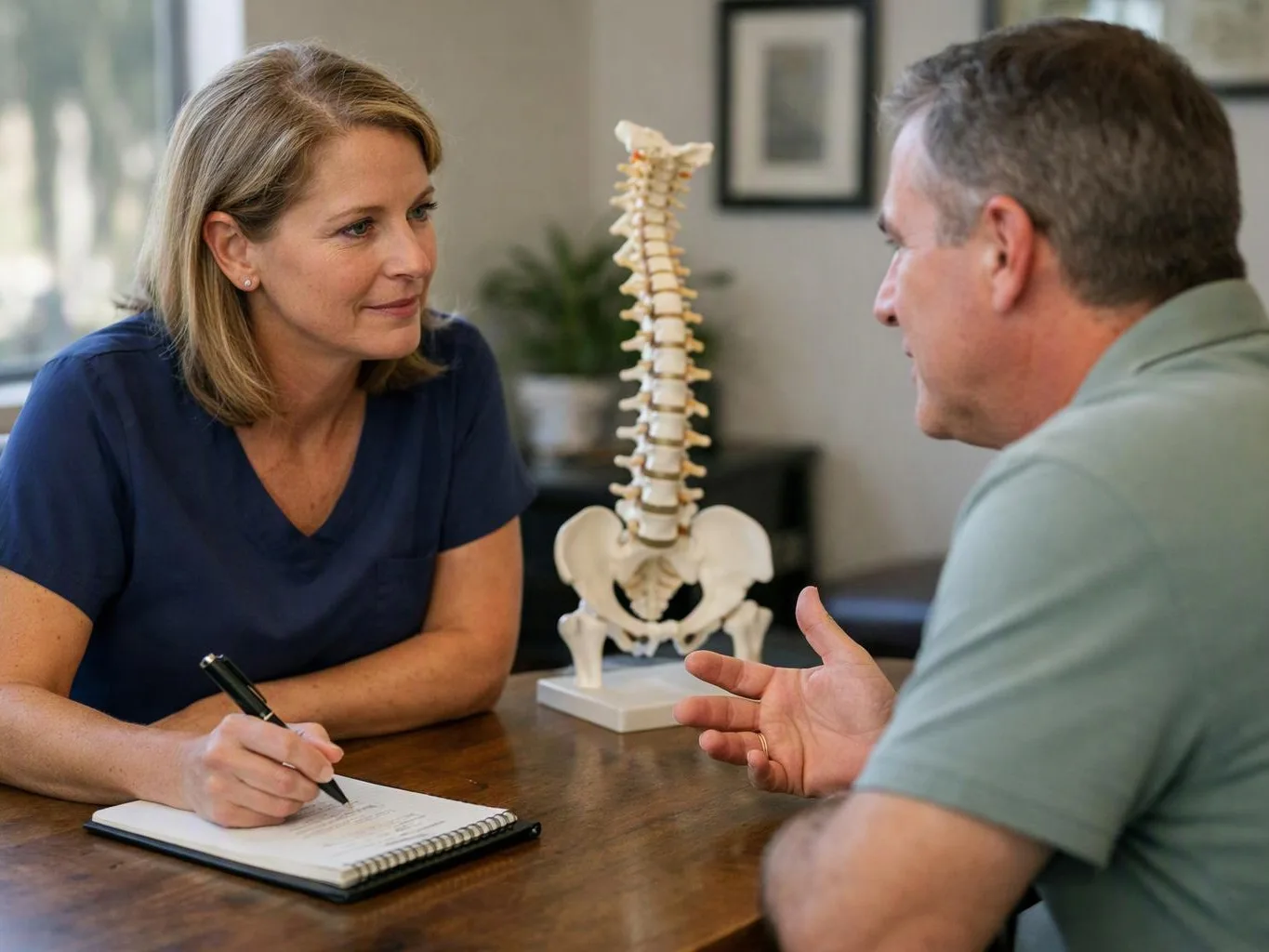 A woman writes in a notebook while talking with a man across a table beside a spine model