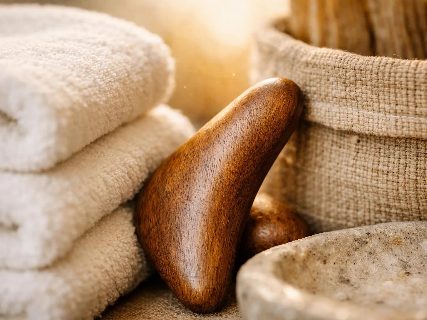 A wooden massage tool rests between folded towels and woven spa containers in warm light