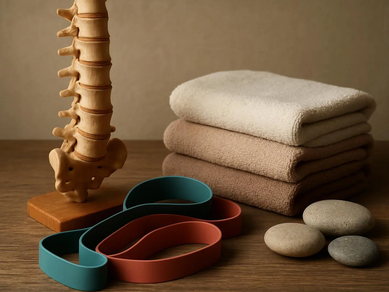 A wooden spine model stands beside folded towels, exercise bands, and smooth stones on a table