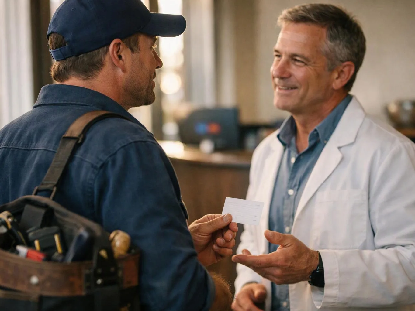 A worker in a cap hands a card to a smiling man in a white lab coat indoors