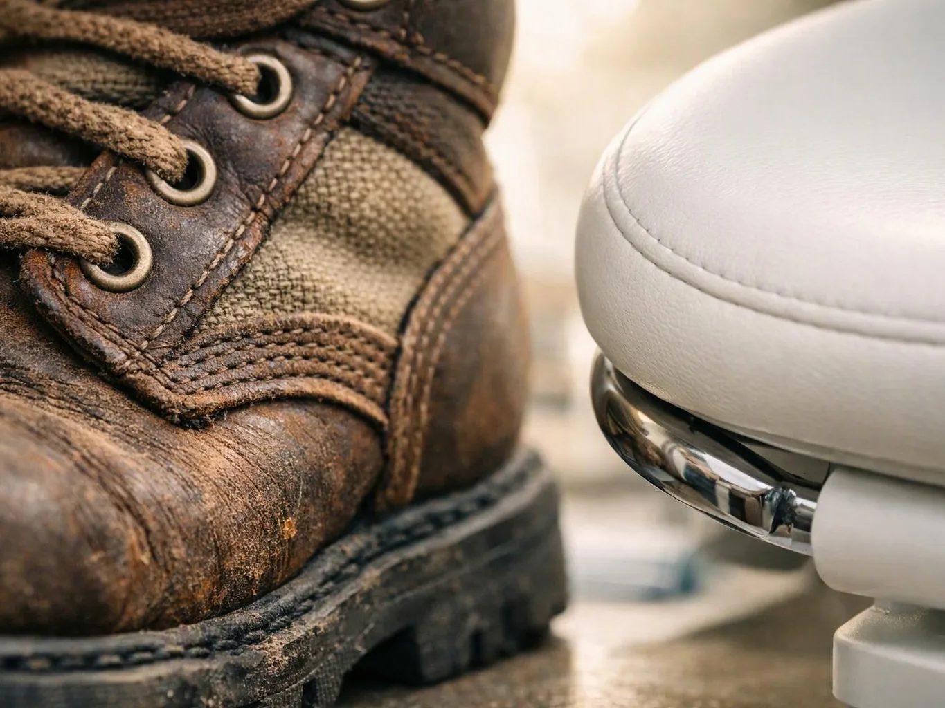 A worn brown boot presses near a white plastic stool with a chrome footrest indoors
