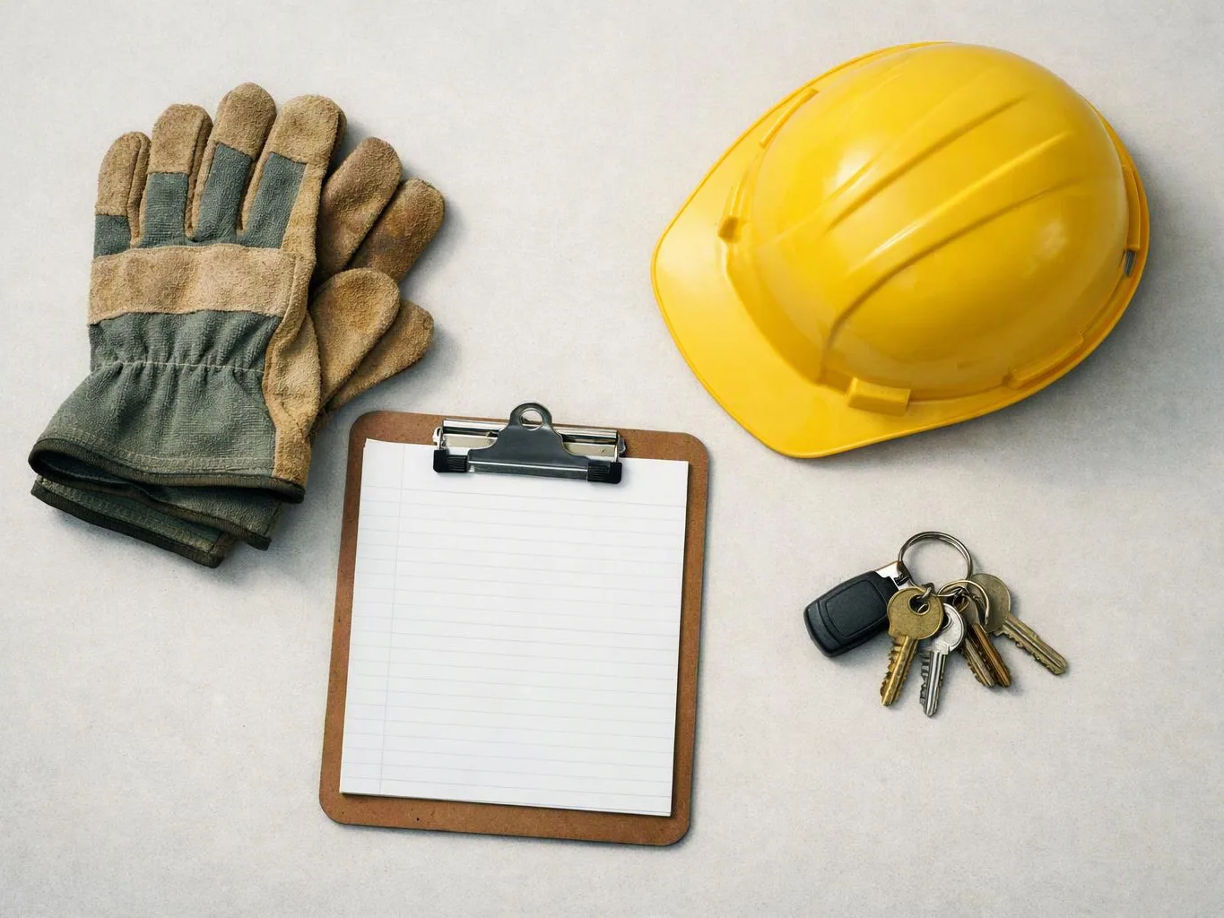 Yellow hard hat, work gloves, clipboard, and keys are arranged on a light surface